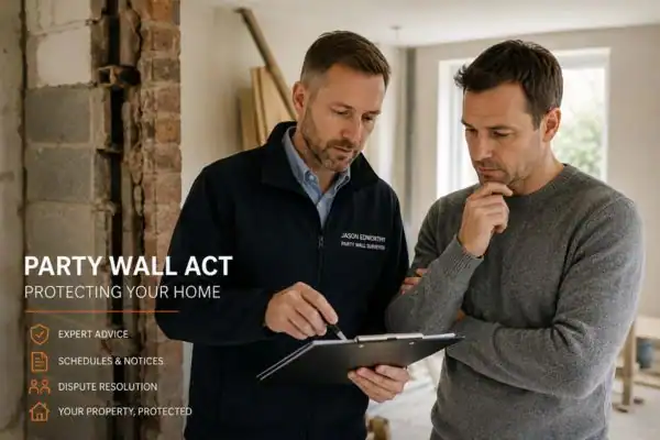 Party wall surveyor Bingley discussing extension plans with homeowner outside a UK semi-detached house.